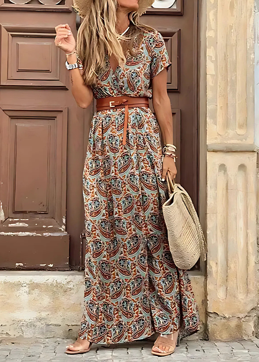 Briony – Elegant Long Dress with Paisley Prints and Belt